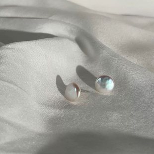 天然巴洛克淡水圆形纽扣珍珠耳钉S925银针法式百搭显脸瘦异性耳饰