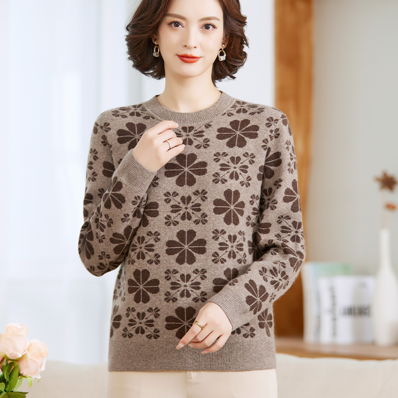 套头提花加厚款牦牛绒毛衣女圆领
