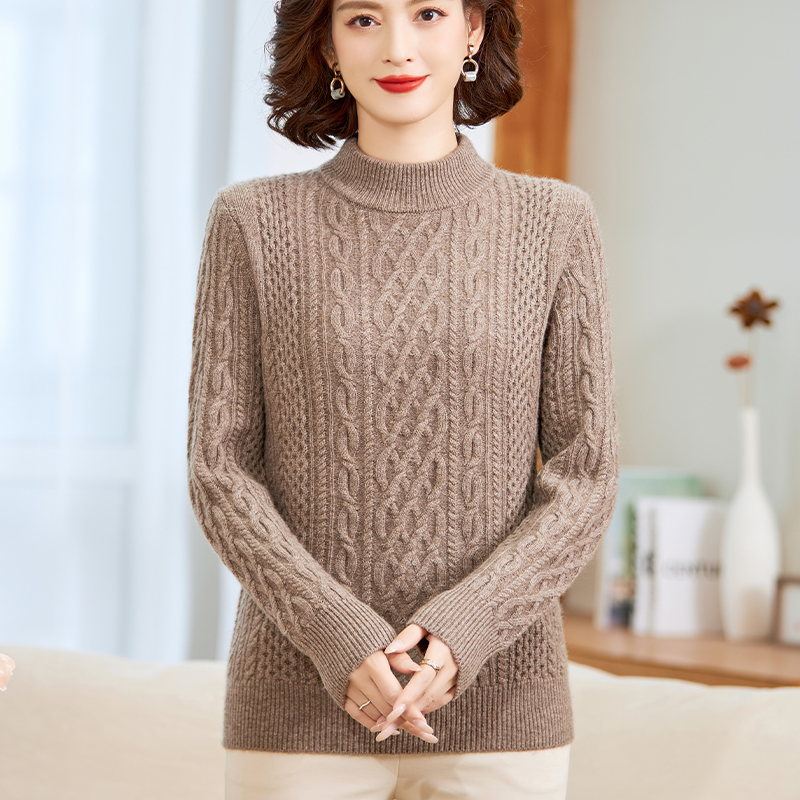软糯加厚保暖牦牛绒毛衣女半高领双股线绞花秋冬季妈妈套头羊绒衫