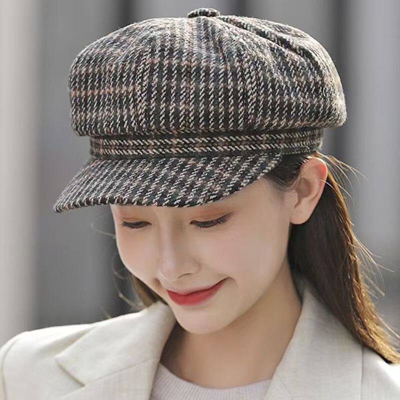 中老年人妈妈款帽子女春秋冬款画家帽韩版休闲百搭格子八角帽时尚