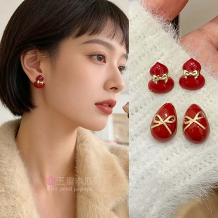 新年款秋冬复古安可拉红葫芦属地耳钉女高级感气质轻奢精致耳饰