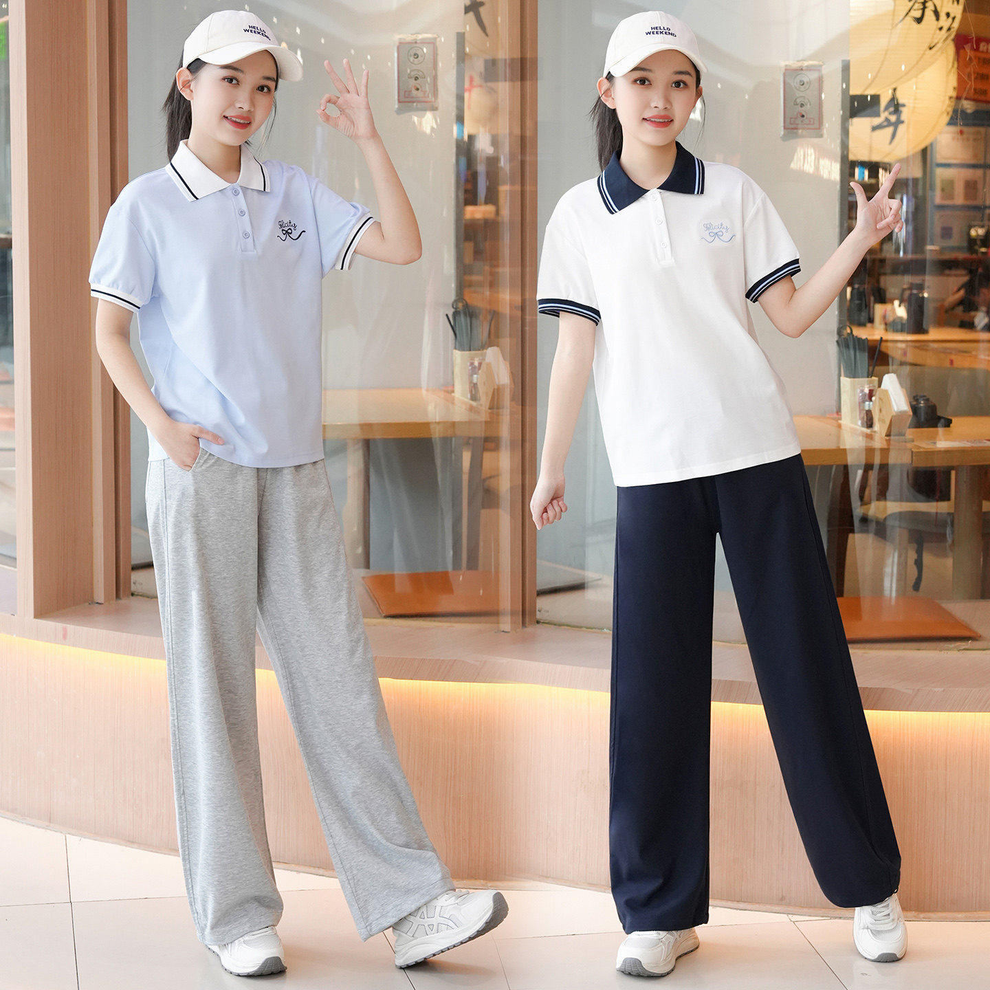 女童夏季套装型宽青少年初高中生女孩休闲翻领T恤运动裤洋气套装