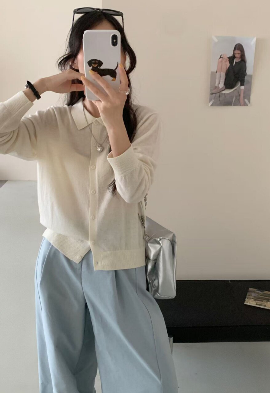 新款高支翻领长袖针织全羊毛开衫毛衣女宽松显瘦纯色打底衬衫外套