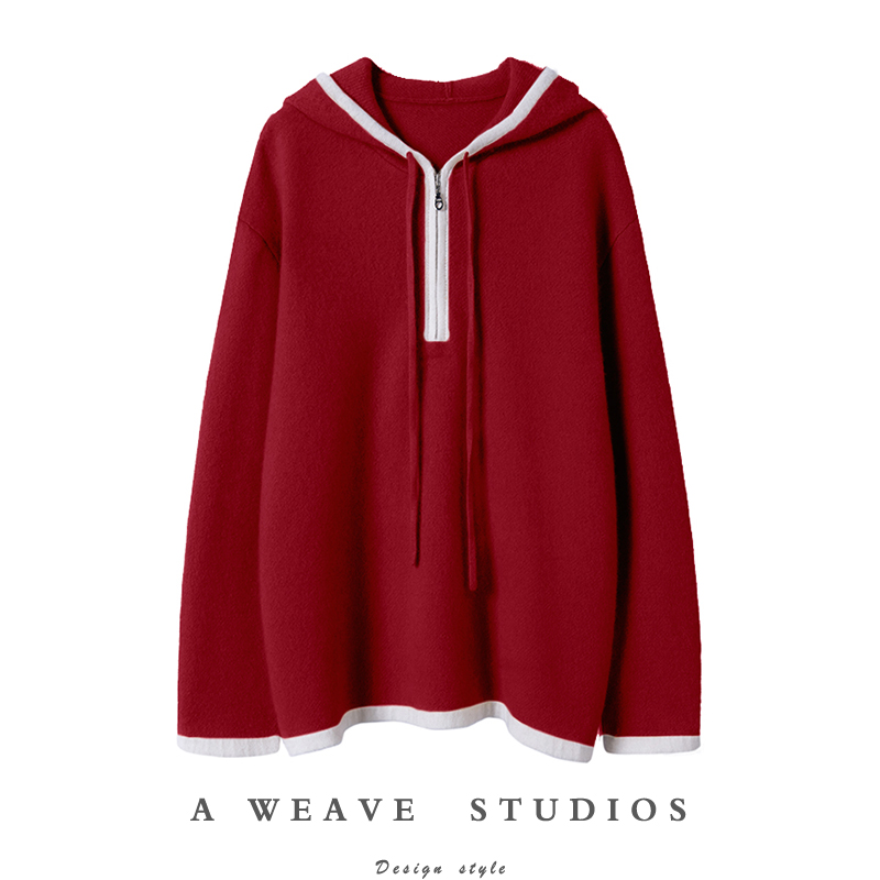 塔尖羊绒大N货！秋冬新款纯羊绒衫女简约撞色拉链连帽宽松针织衫