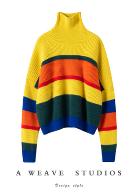 大胆入手！黄色复古彩条撞色高领羊绒毛衣女纯羊绒衫短款加厚