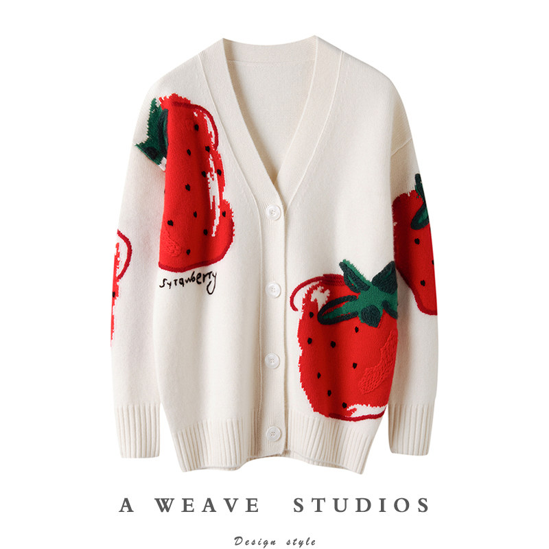 时髦感满满！2024新款100%纯山羊绒春日感草莓提花针织宽松外套女,女装/女士精品,羊绒衫,淘宝优惠券,粉丝福利购,淘宝优惠卷