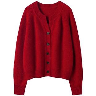 纯欲撩人Ruby红~加厚羊绒开衫女红色针织纯羊绒毛衣外套宽松秋冬