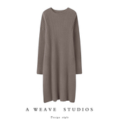 羊绒衫 显瘦无止境 开叉湖蓝色坑条羊绒连衣裙女中长款 加厚宽松