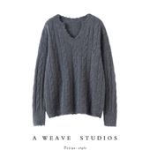 精致太好穿了 绞花V领毛边廓形100%纯山羊绒毛衣女2024新款