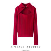 POLO镂空翻领女100%纯山羊绒打底针织衫 时髦尖货 新款