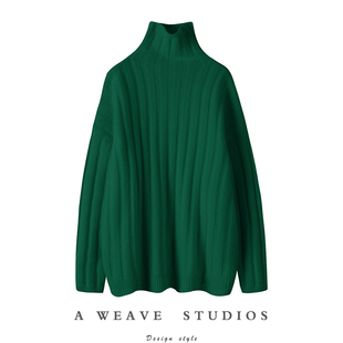 轻奢有调性 男女黑色粗坑条重磅山羊绒粗棒针织加厚短高领毛衣衫