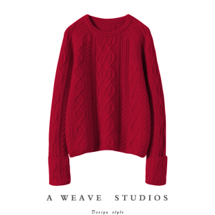 设计纯羊绒毛衣针织衫 女绞花翻边袖 冬 加厚圆领羊绒衫 时髦小仙女