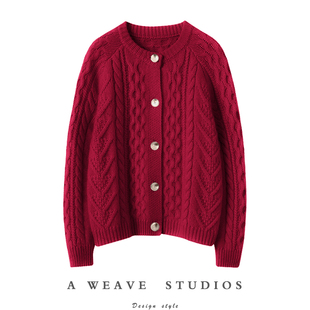 超重工加厚巨厚实纯山羊绒女开衫 全身绞花圆领外套毛衣针织衫