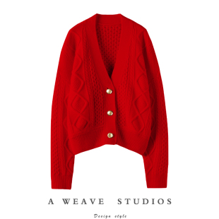 V领纯山羊绒针织开衫 法式 质感绞花长袖 新款 上衣外套 浪漫