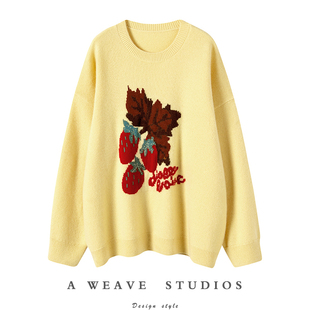 上身太美太显白了 女加厚纯羊绒毛衣宽松 浅鹅黄童趣提花羊绒衫