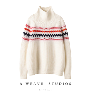 费尔岛红色提花~黑红拼色加厚粗针高领冰岛纯山羊绒毛衣女2024冬