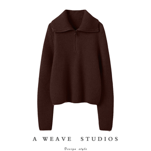 棕色系天花板~秋冬半拉链大翻领羊绒衫女加厚宽松针织羊绒毛衣