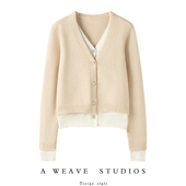 温婉含蓄气质 百分百纯山羊绒假两件V领毛衣针织开衫 女外搭上衣