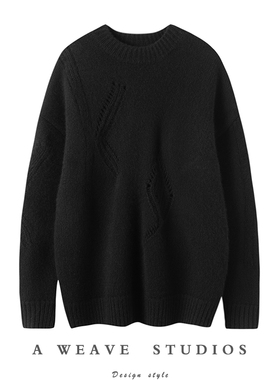 He心时髦力~加厚圆领羊绒衫女100纯羊绒镂空毛衣宽松外穿针织衫