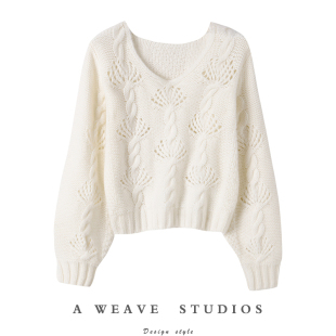 G5417 针织衫 400g山羊绒慵懒范 特种机镂空唯美玫红圆领宽松灯笼袖