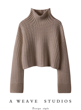 轻奢有颜~紫绒原色编镂空编织阔袖高领100羊绒毛衣女2024春新款