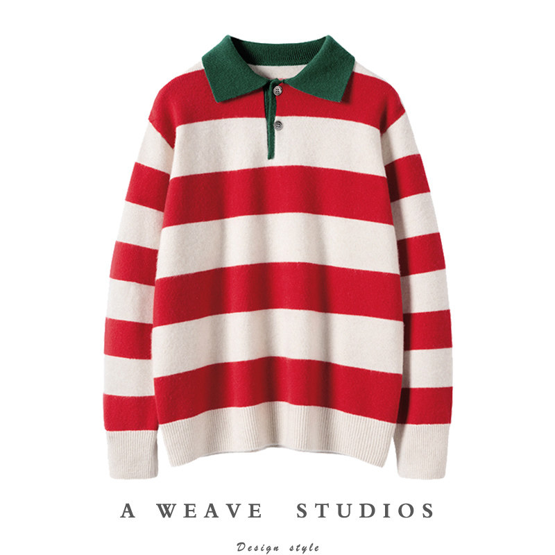 这个真心好看！加厚复古休闲风POLO翻领红条纹羊绒毛衣女纯羊绒衫,女装/女士精品,羊绒衫,淘宝优惠券,粉丝福利购,淘宝优惠卷