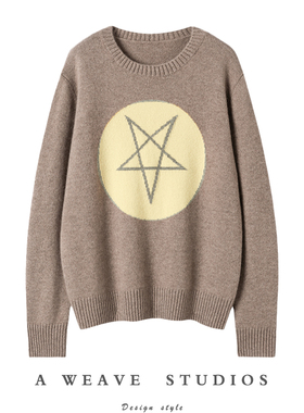 太哇塞了！黄色五芒星提花羊绒衫女圆领纯羊绒毛衣宽松秋冬加厚