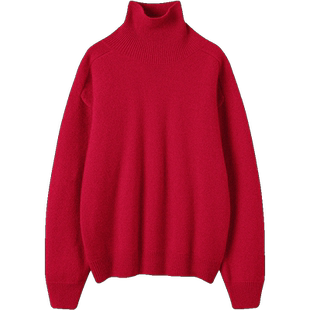 实力尖货~一件红色100%羊绒衫高领毛衣宽松加厚套头纯羊绒针织衫