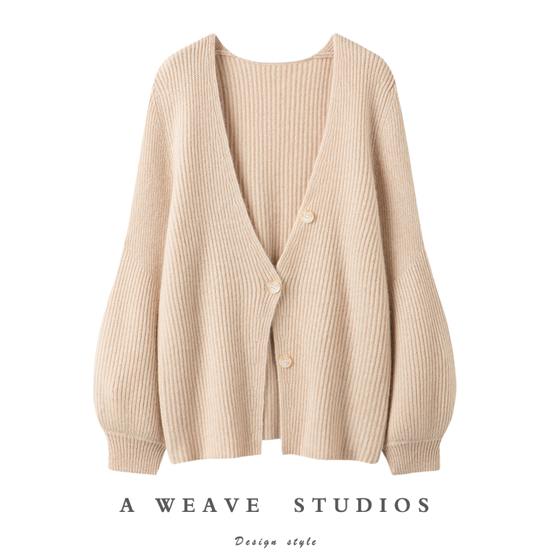 高光时刻的版型！加厚V领羊绒开衫灯笼袖纯羊绒毛衣针织开衫外套