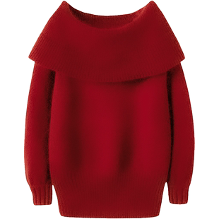 气质非凡~2024新款羊绒衫女微醺红一字肩翻领长袖针织羊绒毛衣