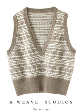 梦里想了好多遍~条纹提花大V领羊绒马甲纯羊绒衫毛衣背心女坎肩冬