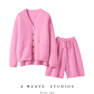 炸了炸了！加厚V领羊绒开衫女纯羊绒针织外套短裤休闲五分裤套装