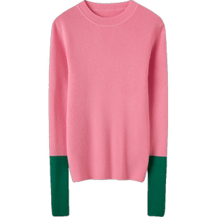 演绎美学精髓~拼色圆领弹力坑条羊绒衫女纯羊绒毛衣针织衫打底衫