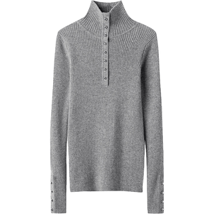 好穿美得心醉！金扣高领弹力修身羊绒衫女纯羊绒毛衣针织打底衫冬