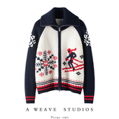 惊艳于人海中 翻领双拉链宽松慵懒滑雪提花纯羊绒针织开衫 毛衣