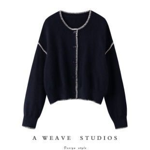 廓形100%纯山羊绒毛衣开衫 撞色香风边蝙蝠袖 春 经典 慵懒摩登