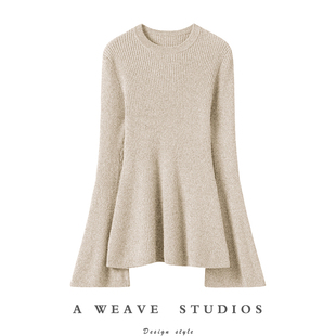 高质量时髦段位~100%山羊绒喇叭袖坑条沙漏型修身针织上衣