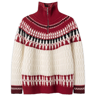 冬凤凰〓绒+〓复古圣诞红拉链立领绞花费尔岛羊绒毛衣女冬季