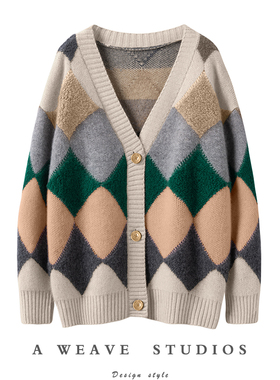 上身就是一种享受！超厚100%山羊绒毛圈工艺菱形格花色羊绒开衫女