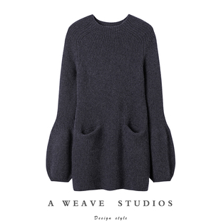 圆领修身 迷人 女中长款 羊绒衫 纯羊绒毛衣连衣裙子 大克重厚灯笼袖