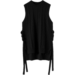 美到飙泪!侧边绑带前短后长绞花羊绒背心女纯羊绒衫毛衣马甲加厚