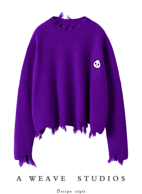 颜值炸天!紫色不规则毛边圆领羊绒衫女纯羊绒熊猫廓形短款毛衣