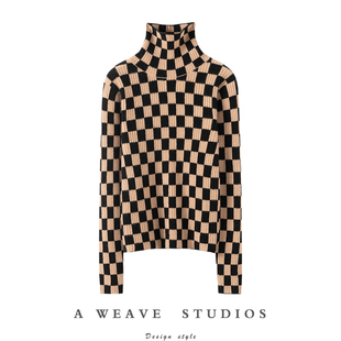 抓人的舒服好看~棋盘格高领羊绒衫女纯羊绒毛衣修身针织打底衫