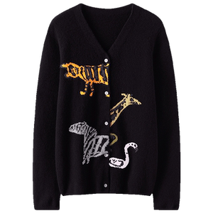 高光时刻！动物提花V领山羊绒开衫女纯羊绒毛衣针织开衫外套秋冬