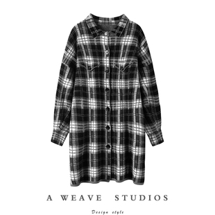 外套衬衣女 100%纯山羊绒Polo领格子开衫 时髦造型出街 中长款