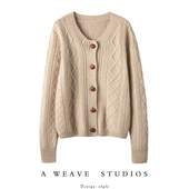 时髦气质 真皮包扣复古奶奶风羊绒开衫 女纯羊绒毛衣针织加厚外套