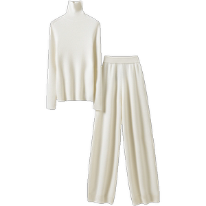 好穿气质到爆！高领羊绒衫女纯羊绒毛衣直筒阔腿裤子白色羊绒套装