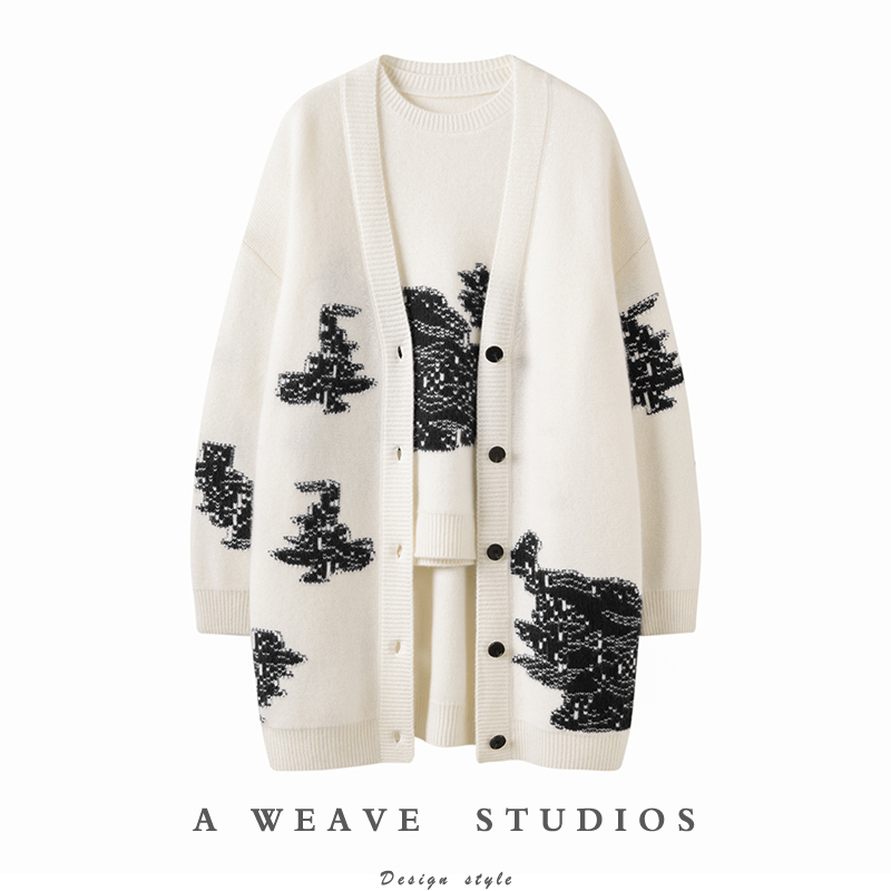 花开几何 北欧设计师系列纯山羊绒开衫套头针织毛衣套装