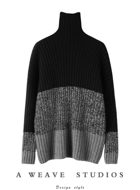 Jue美！高领羊绒衫女加厚坑条拼色宽松翻领秋冬纯山羊绒针织毛衣