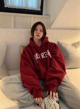 红色加绒加厚卫衣女连帽2024冬季时尚新款宽松oversize上衣ins潮
